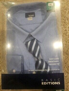 Basic Editions Men's Blue Easy-Care Dress Shirt with Woven Tie